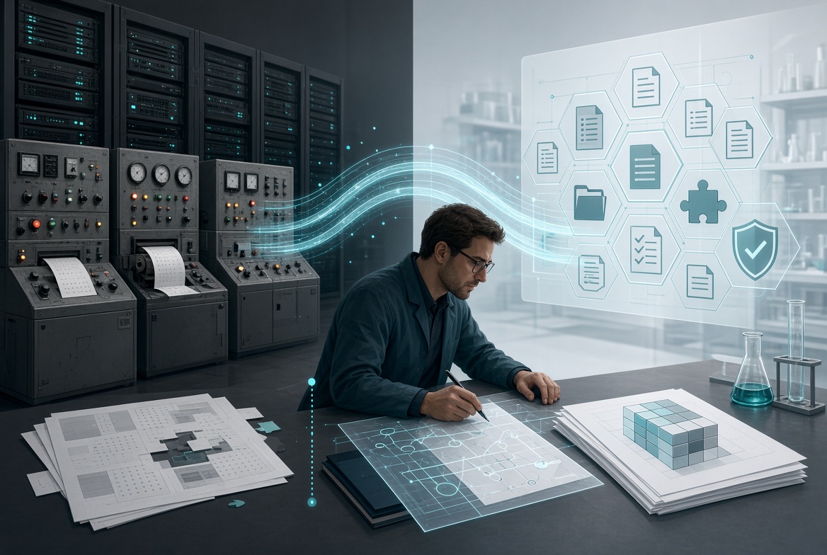 Professional reviewing technical documentation